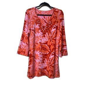 SOFT SURROUNDINGS Del Rio Orange/Pink Tropical Floral Beaded V-Neck Tunic, Sz M